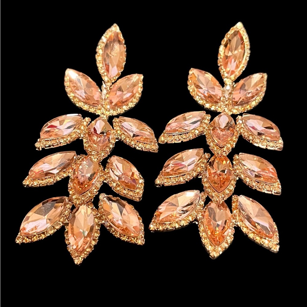 Pink rose gold drop leaf dangle earrings with rhinestone accents - Picture 2 of 4